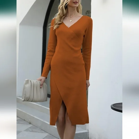 DEEP SELF Women's Rust Midi Sweater Dress V Neck  Long Sleeve Dress L - Picture 3 of 7